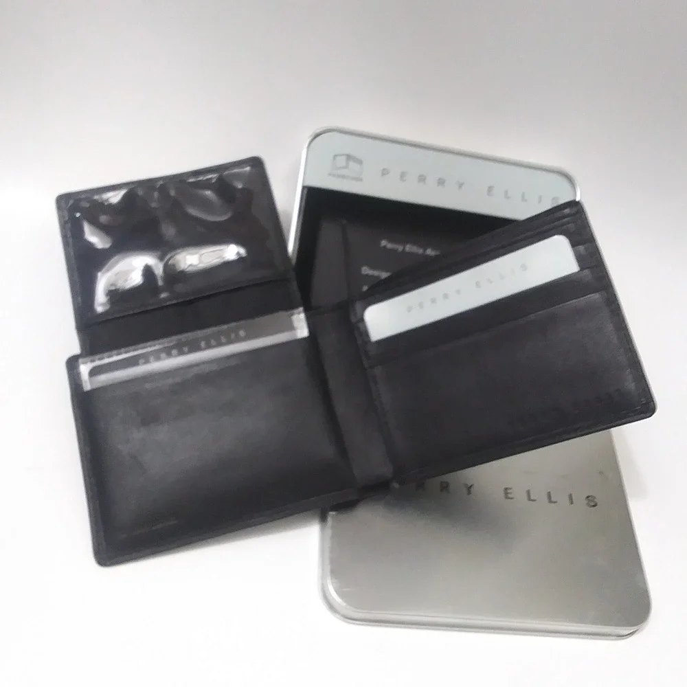 Perry Ellis Mens Black Leather Bifold Passcase Wallet with‎ Metal Gift Tin